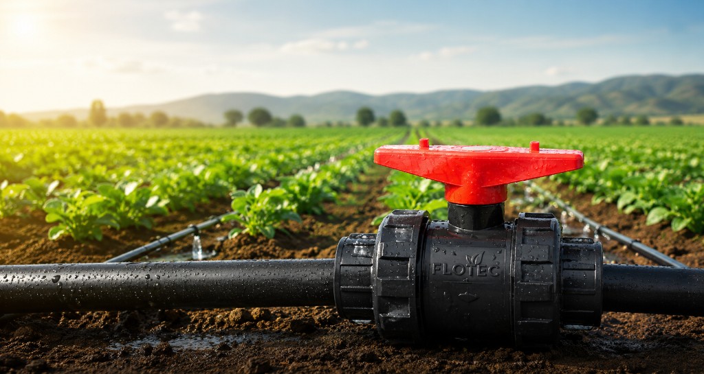 FLOTEC ball valve with red handle installed on irrigation pipe in a green field